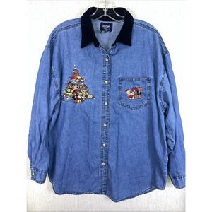 Vintage Women's Denim Christmas Bears Long Sleeve Shirt Velvet Collar Size Large
